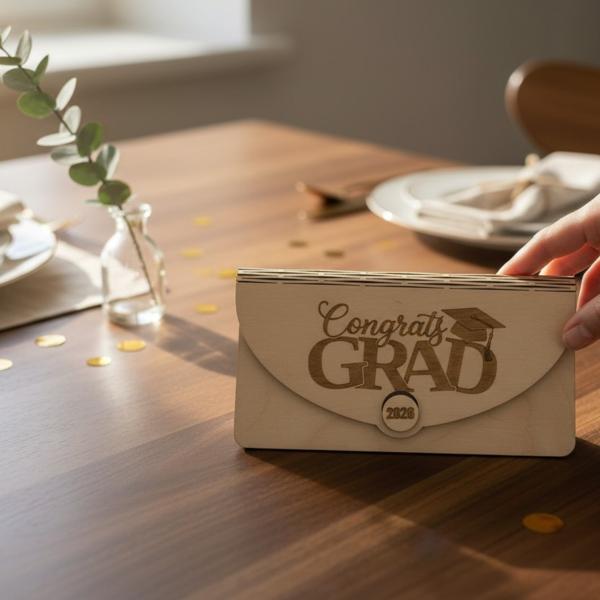 Holz-Umschlag aus Sperrholz mit gelaserter Aufschrift ‚Congrats Grad‘ und Jahreszahl
